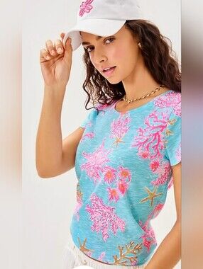 Lilly Pulitzer Etta Scoop Neck Multi Royal Cotton Tee. Size 2XL
